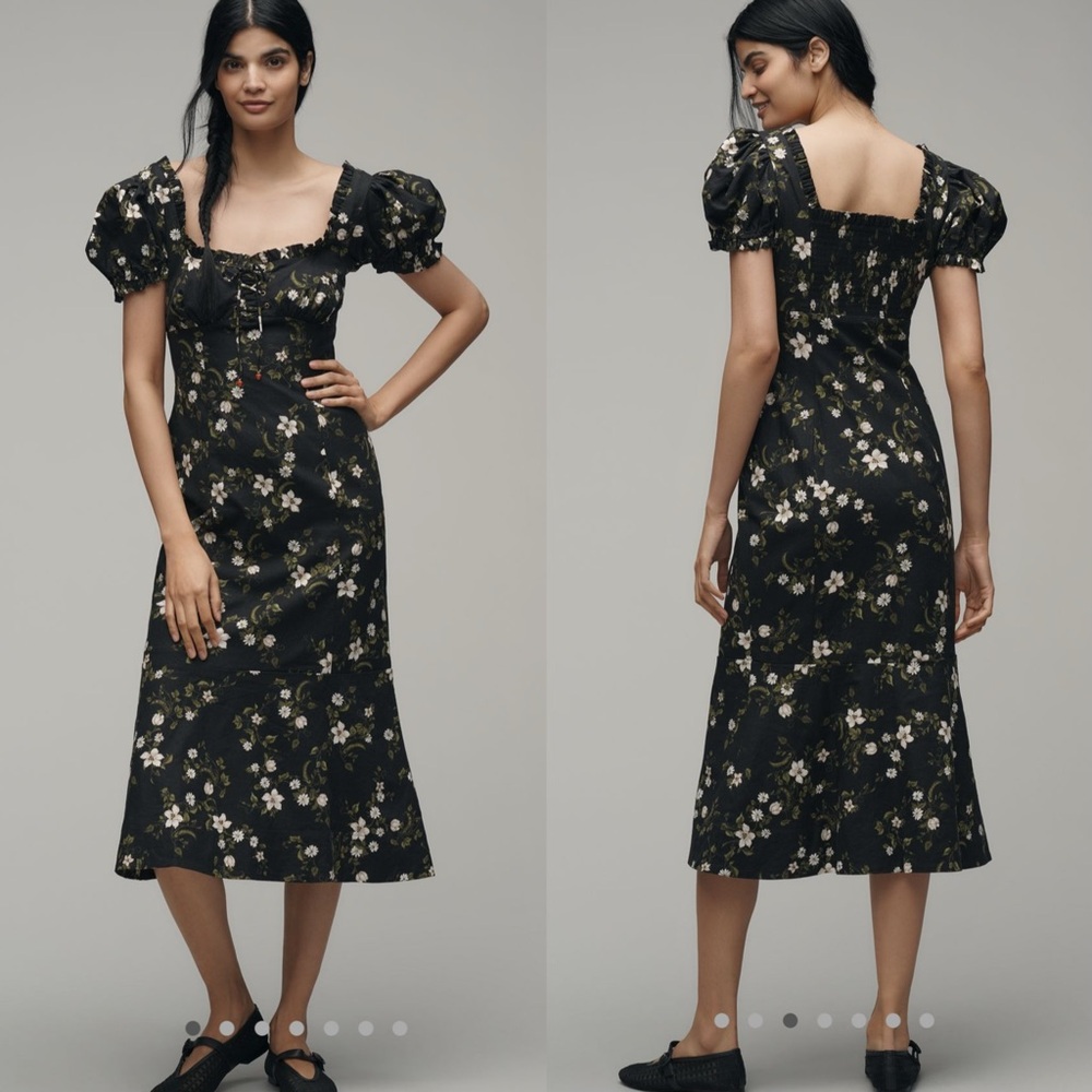 Anthropologie Maeve linen Blend puff sleeve sweetheart midi dress
